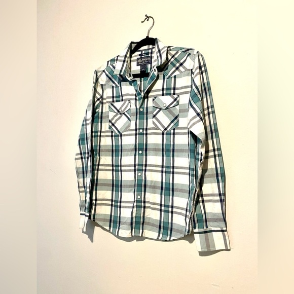 American Rag Mens Western Yoke Cowboy Plaid Shirt Size Small Green White Barn - Picture 8 of 8